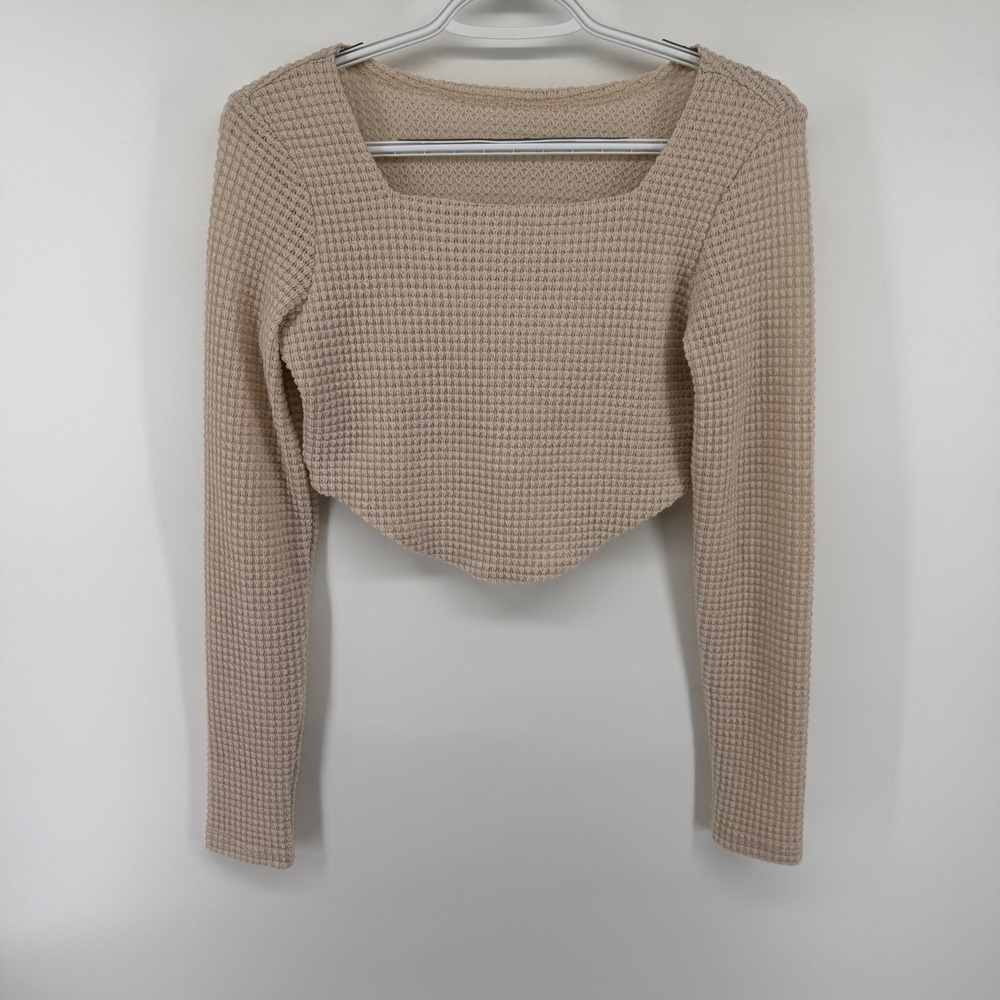 Y2K Fairy Waffle Knit Square Neck Long Sleeve Crop Top Beige Curved Hem Small